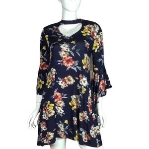 Boho Dark floral choker mini dress with statement ruffle sleeve S